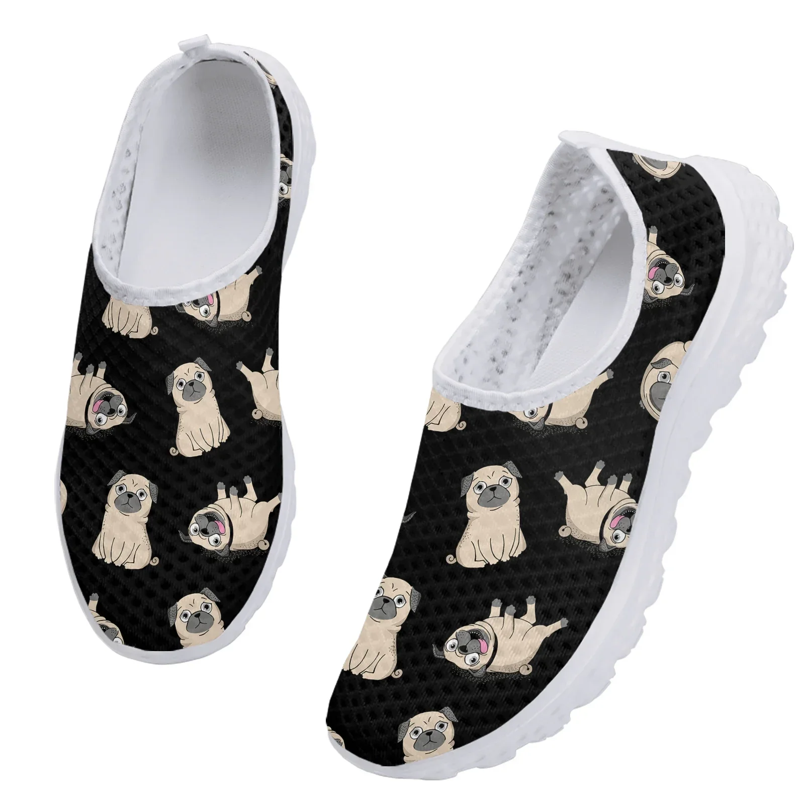 Black Fun Pug Print House Shoes Pet Dog Print Lightweight Soft Mesh Shoes Summer Outdoor Breathable Casual Shoes