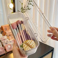 1 Transparent Plastic Cosmetic Storage Box with Cover, No Power Required, Dust-proof Storage Brush, Sponge, Lipstick 2