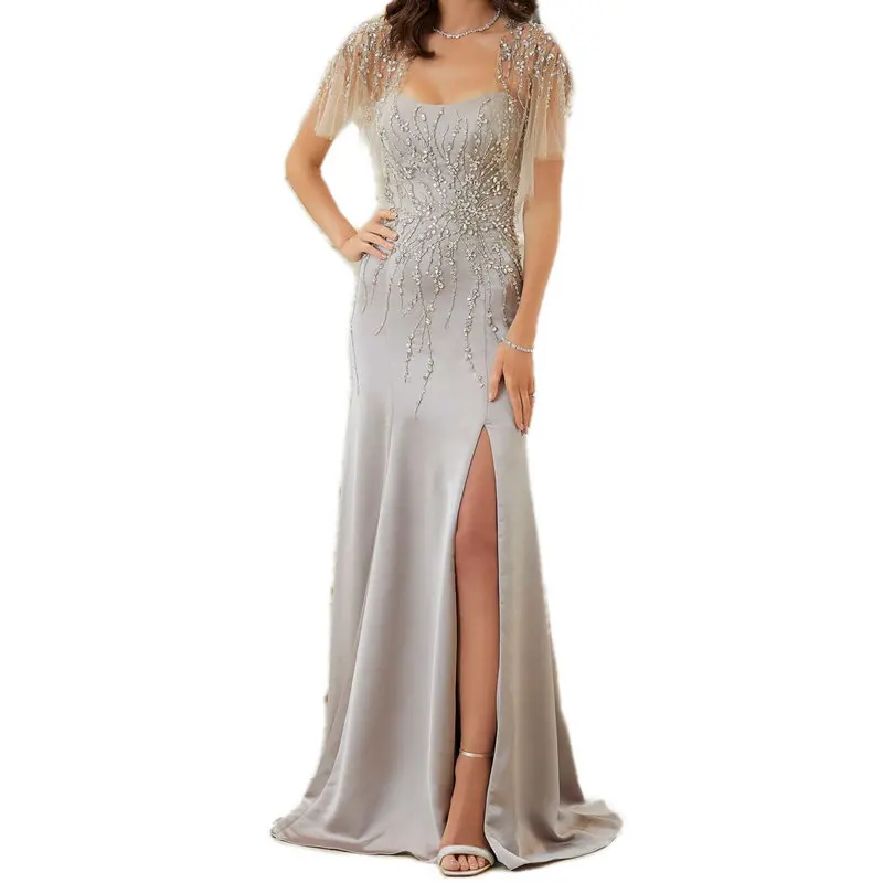 

Embroidered silver Evening Gown M-033