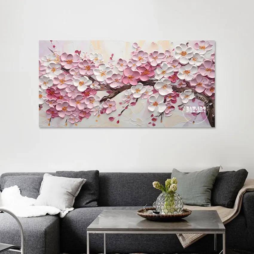 

Abstract Canvas Decoration Flowers Oil Painting White And Pink Art Texture Wall Picture Acrylic Artwork Frameless Showpiece