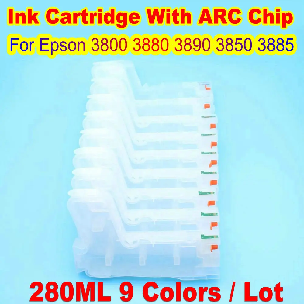 For Epson 3880 3800 Refillable Ink Cartridge 3890 3850 Empty Refill Cartridge With Auto Reset Chip Sensor ARC 280ML 9 Colors/Lot