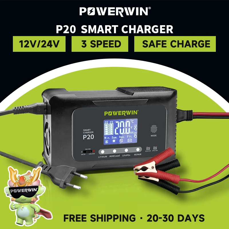 Powerwin P20 Carregador Inteligente de Bateria 20a 12v20a 24v10a Lcd de Reparo de Pulso Automático para Lifepo4 Agm Chumbo-ácido Lítio Bt100 Bt200