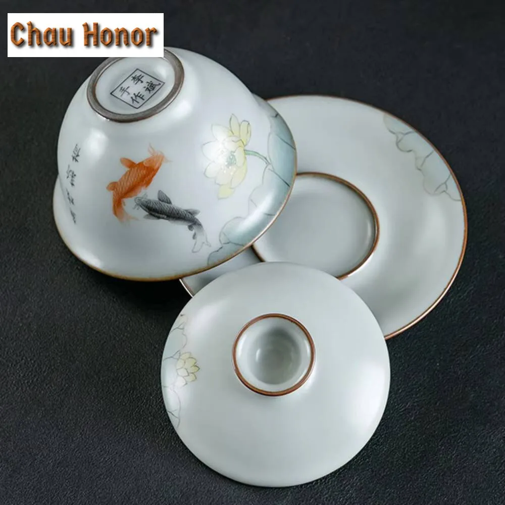 170ml Pure Handmade Ru Kiln Gaiwan Hand-painted Fish Lotus Tea Tureen Opening Tea Maker Cover Bowl Tableware Collection Gift Box