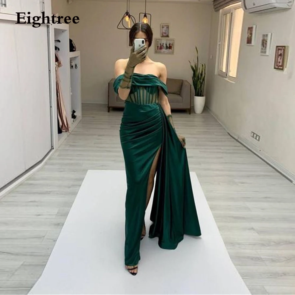 

Modern Green Side Slit Off The Shoulder Evening Party Dresses 2022 Stain Backless Pleat Prom Gowns Formal Dress Robe De Mariee