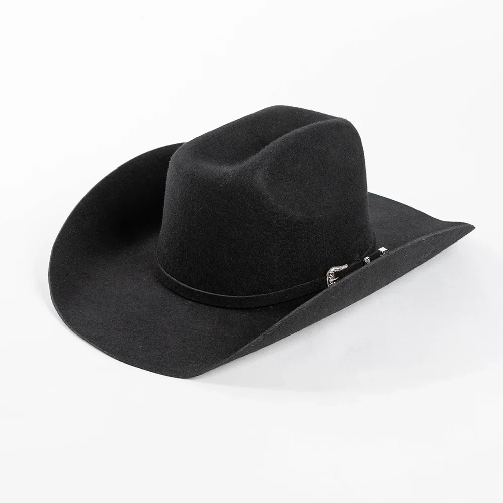 Wool Concave Shape Top Hat Fashion Belt Buckle Decorative Woolen Curling Wide Brim Fedora Hat Unisex Western Cowboy