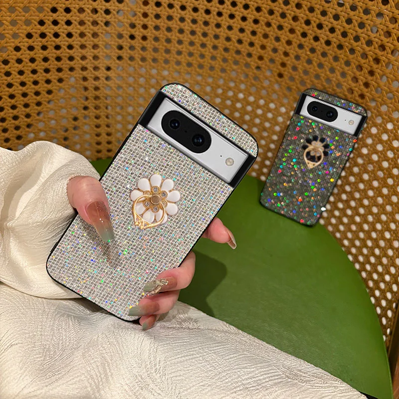 Luxury Sparkling Flower Ring Buckle Phone Case with Sequin Shiny Lattice Back Cover
