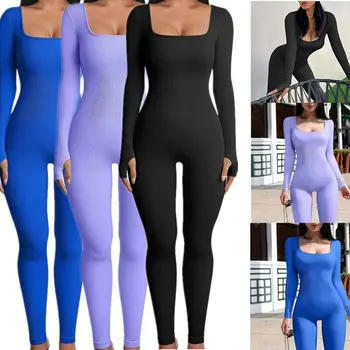 Women's Jumpsuits Summer Spring Female Square Collar Long Sleeve Seamless Stretch Pencil Long Pant Overalls YZXFS-LTCX5203 1