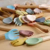 2pcs/set Tableware Baby Spoon Fork Set Children's Silicone Wooden Feeding Training Baby Dinnerware Cutlery Baby Feeding Supplies 2