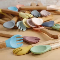 2pcs/set Tableware Baby Spoon Fork Set Children's Silicone Wooden Feeding Training Baby Dinnerware Cutlery Baby Feeding Supplies 2