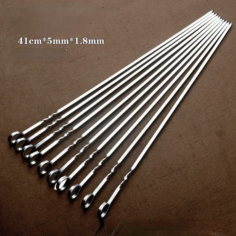 10pcs/set Stainless steel 430 BBQ stick thickened 41cm household mutton skewers iron drill BBQ stick tool stick.