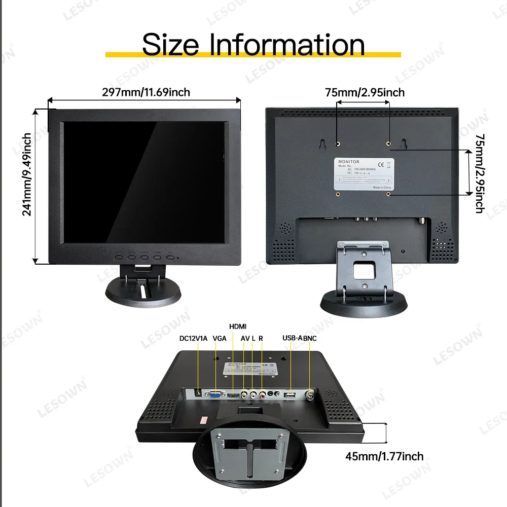 LESOWN IPS 산업용 디스플레이, 12 인치 LCD 스크린, VGA HDMI AV 입력 4:3, VESA 필드 비디오 보조 모니터, DSLR 카메라용, 1366x768
