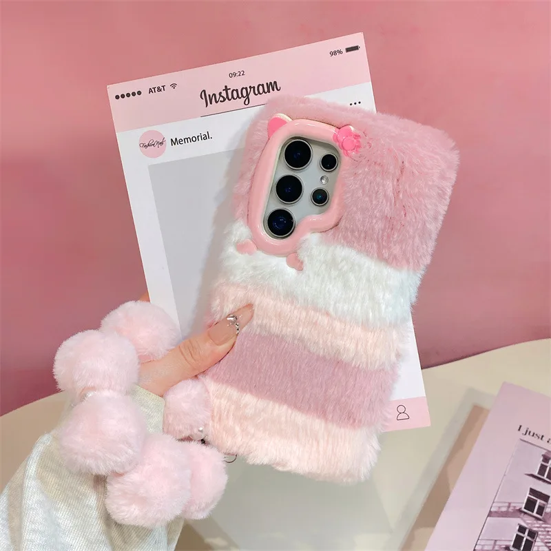 Luxury Splicing Furry Plush Phone Case with Lanyard - Shockproof Protective Cover