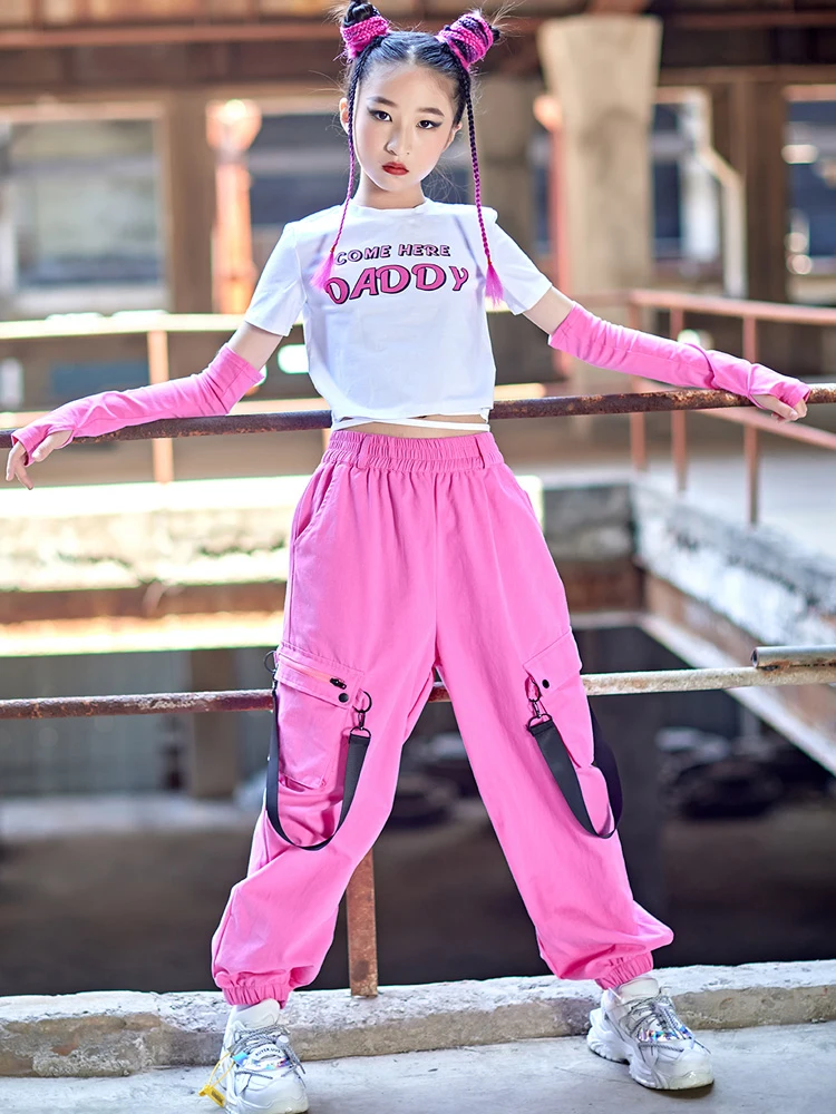 

Modern Dance Clothes Jazz Performance Outfit Girls Hip Hop Cropped T Shirt Pink Cargo Pants Children Street Wear Rave BL8181