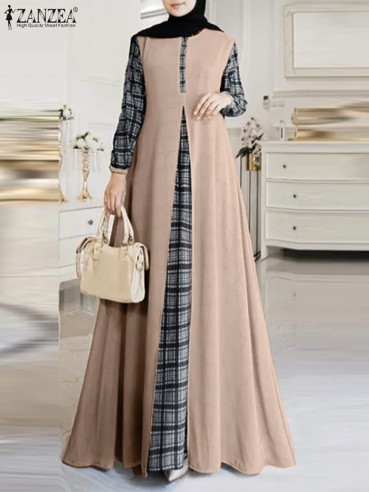 

Women Plaid Checked Muslim Dress ZANZEA Stylish Patchwork Sundress Turkey Abaya Robe Femme Long Sleeve Vestidos IsIamic Clothing