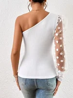 Mya Polka Dot Mesh Stitching Single Shoulder Top 6