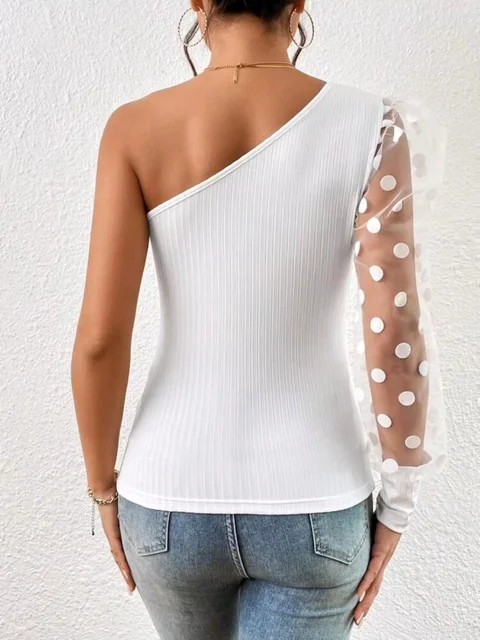 Mya Polka Dot Mesh Stitching Single Shoulder Top 6