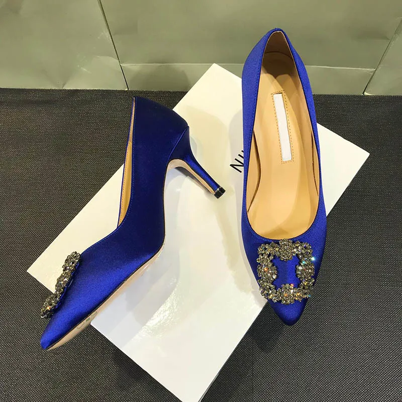 

Satin Shoes Toe Pointed Toe Medium Heel Stiletto Square Buckle Women's Shoes Green