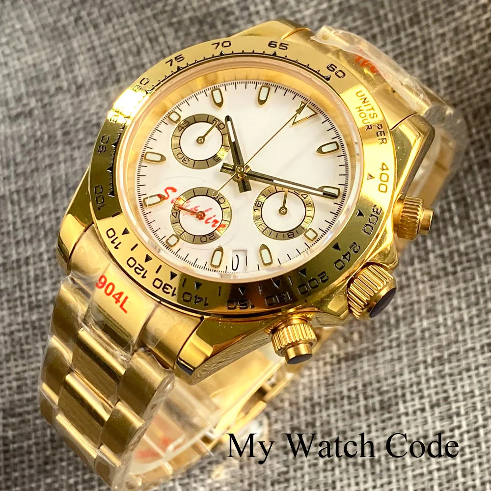 Nologo Luxury Gold 39mm Quartz Watch Men 24 Hour Chronograph Wristwatch Flat Sapphire 904L Bracelet 24 Hour Reloj Hombres m6 m30 alloy 904l uns n08904 stainless steel flat machine washer flat gasket high corrosion resistance