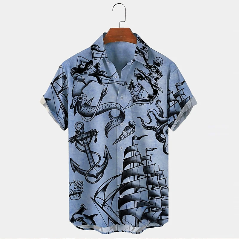 New Men's Short Sleeve Shirt Sailing Print Men's Hawaiian Lapel Top Beach Casual Large Size Comfortable Shirt