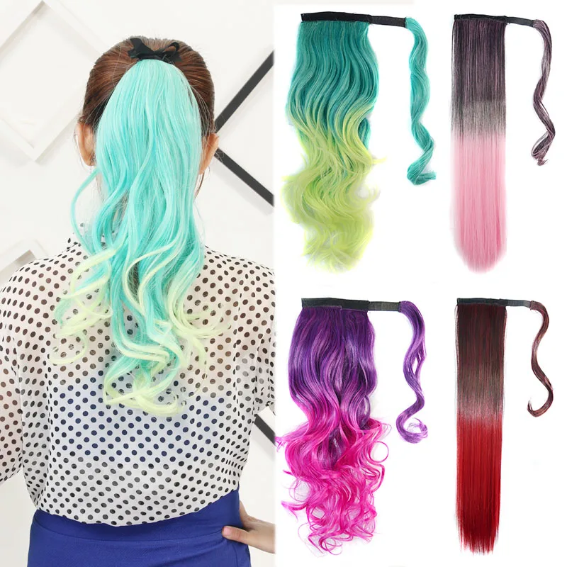 

Jeedou Ponytails Straight&Curly Messy Wavy Synthetic Hair Wrap Around Ponytail Extension Blue Pink Green Ombre Color Hairpiece