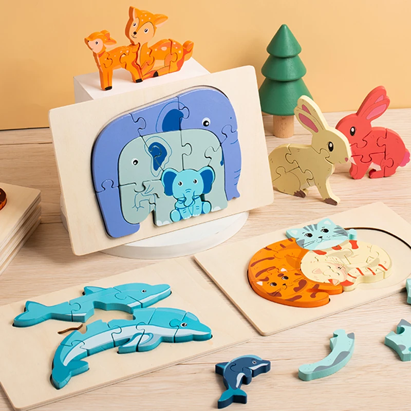 Wooden Puzzle Educational Montessori Animals Cartoon Early Learning ...
