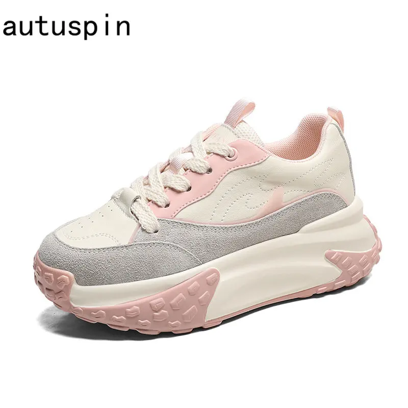 

Autuspin New Round Toe Chunky Women Shoes Fashion Genuine Leather Splicing Casual Sports Sneakers Ladies Spring Summer Autumn