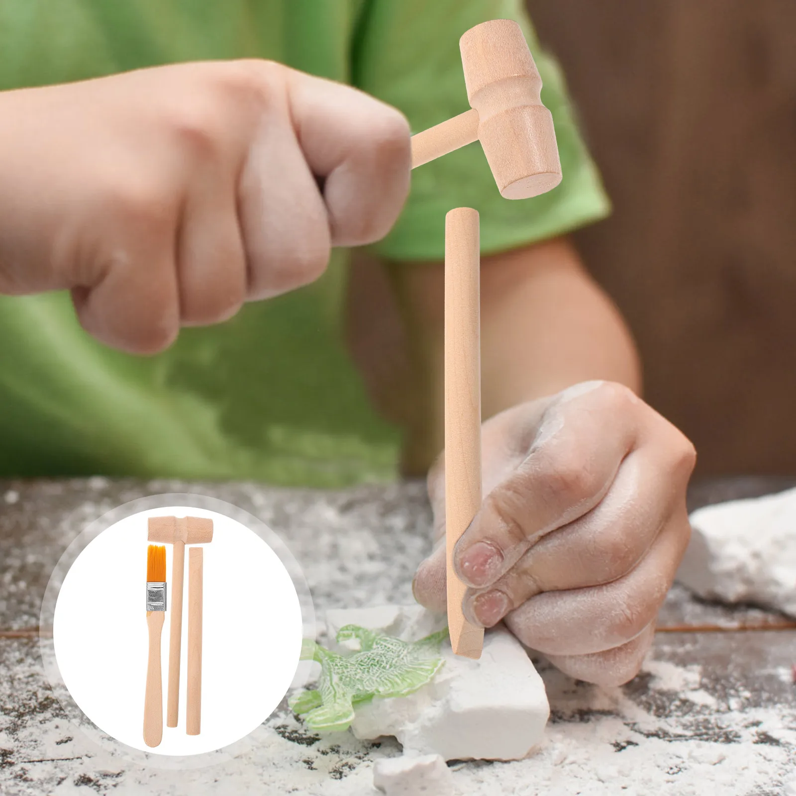 3 Sets Child Educational Digging Tools Small Wooden Brush Chisel Tools Toddler Hands-on Ability Learning Excavation Playing Kit 3