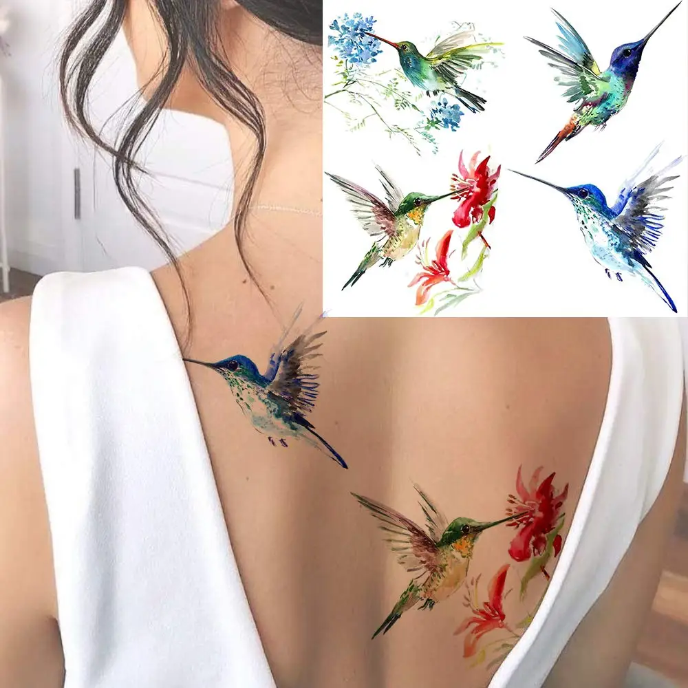 Tatuagens temporárias de beija-flor aquarela 3D para mulheres e meninas,  flores falsas, pequena temperatura, pássaros Hummer, adultos, 15 folhas -  AliExpress, image size:1000x1000
