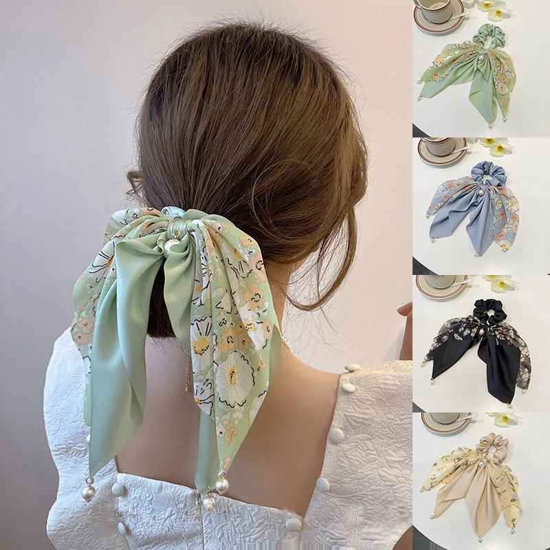 

New Fashion Floral Print Big Bowknot Scarf Hair Scrunchies Women Elegant Pearl Pendant Large Bow Hair Rope Hair Tie Headwear
