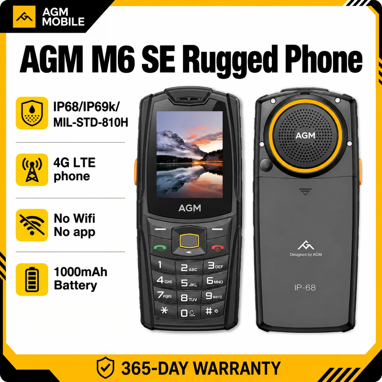 AGM M6 SE Rugged Phone Loud 103dB Speaker 2.4" Screen 4G Dual SIM BT5.1 FM Radio IP68/IP69K-Senior-Friendly