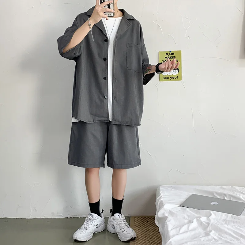 Men's Summer Loose Fitting Casual Suit Fahion Handsome Solid Color Half Sleeve Shirts Shorts Two Pieces Set
