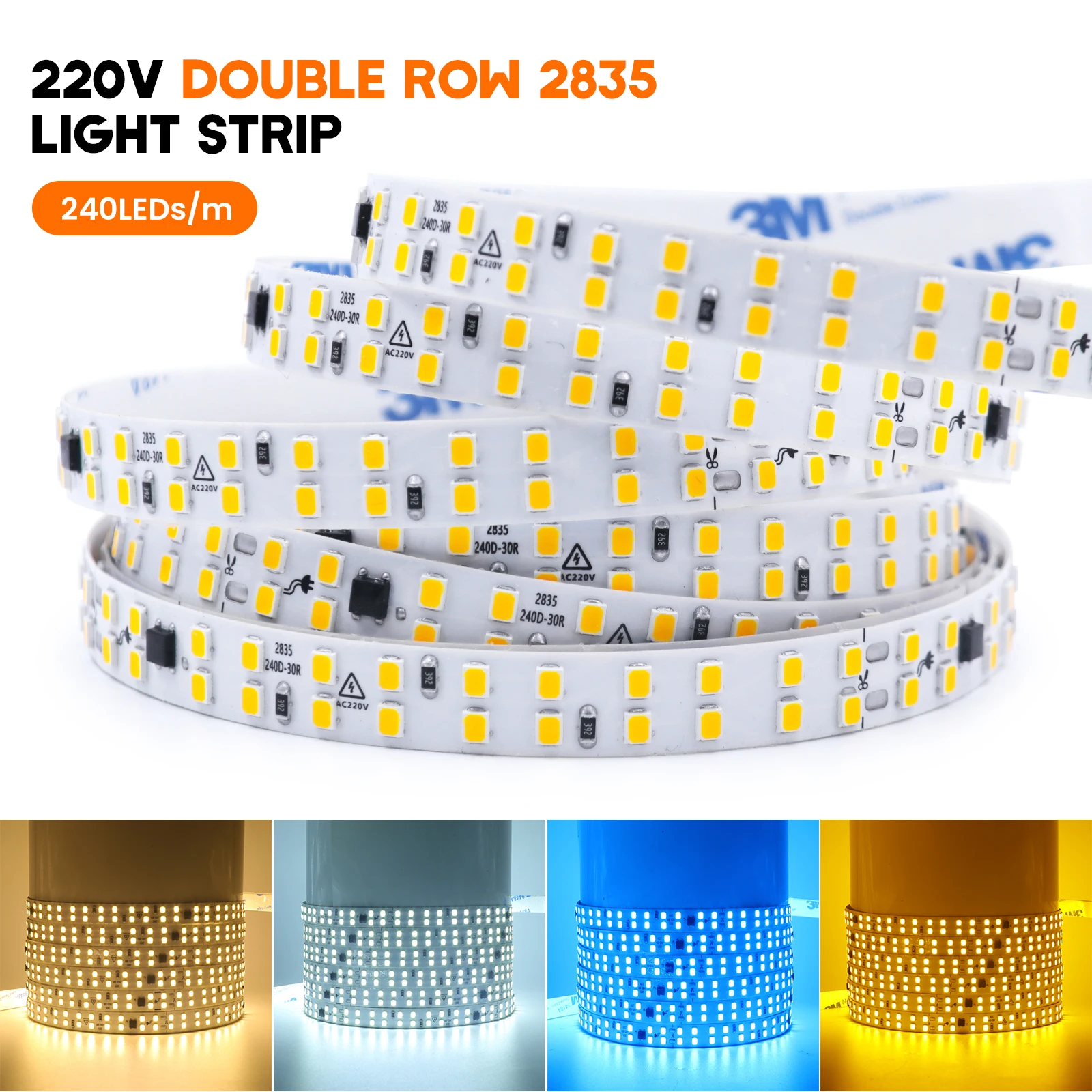

220V Adhesive LED Light Strip For Room Super Bright SMD 2835 240LEDs/m Waterproof LED Ribbon 3000K 4000K 6000K Ice Blue Yellow
