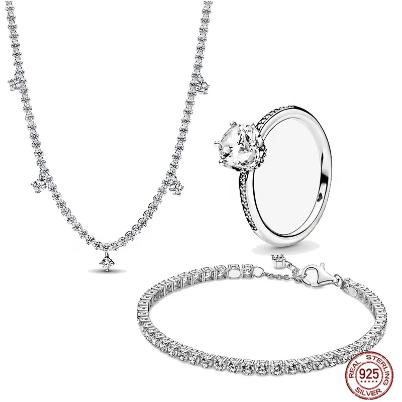 

New 925 Sterling Silver Classic Zircon Jewelry Set Exquisite Necklace Bracelet Ring Charm Jewelry Gift for Girlfriend