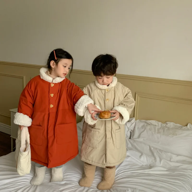 2022 Winter New Children&s Long Cotton Clothes Boys and Girls Lamb Wool Cotton Clothes Children&s Warm Cotton Jacket