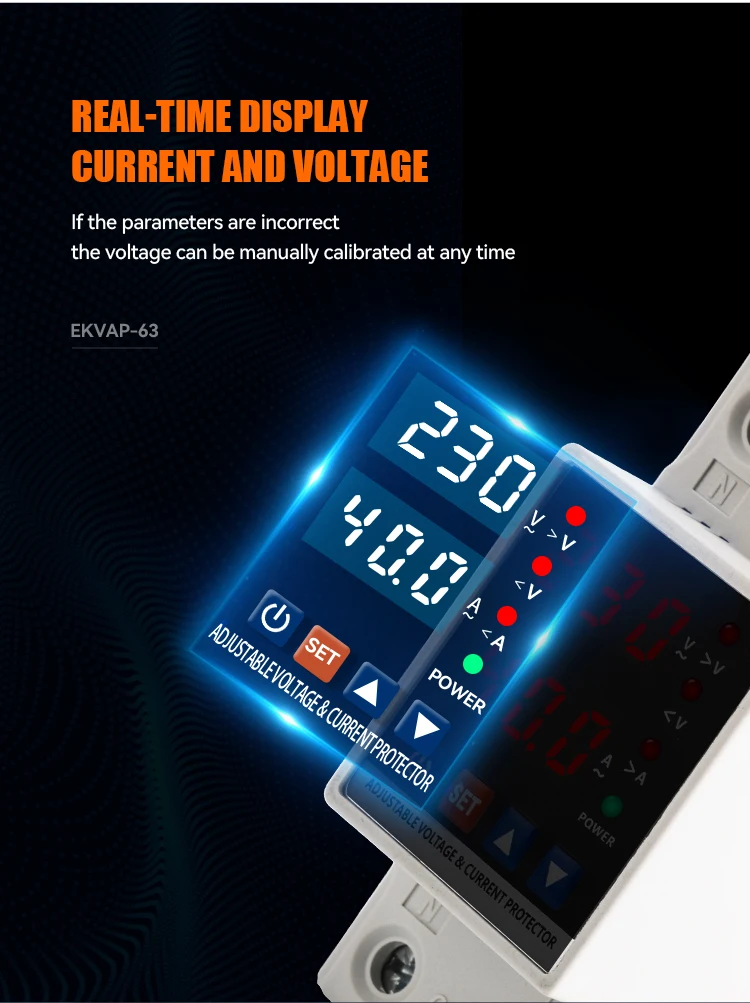 Description Picture 4 of itemETEK Relay Adjustable Over Voltage Current and Under Voltage Protective Device Protector Relay40A 63A EKVAP