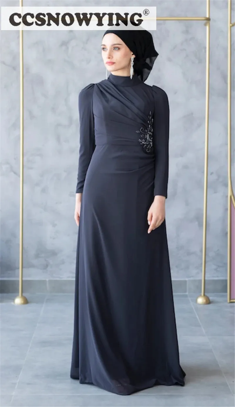 

Navy Chiffon Appliques Long Sleeve Muslim Hijab Evening Dresses High Neck Islamic Prom Formal Party Gown Women Robe De Soiree