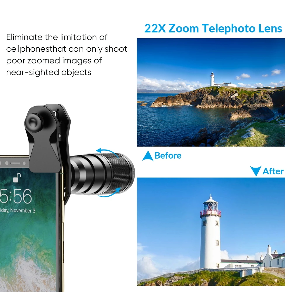 APEXEL 10 in 1  Mobile phone Lens Kit 22X Telephoto Fisheye lens Wide Angle Macro Lens+CPL Star Flow Filters for all smartphones