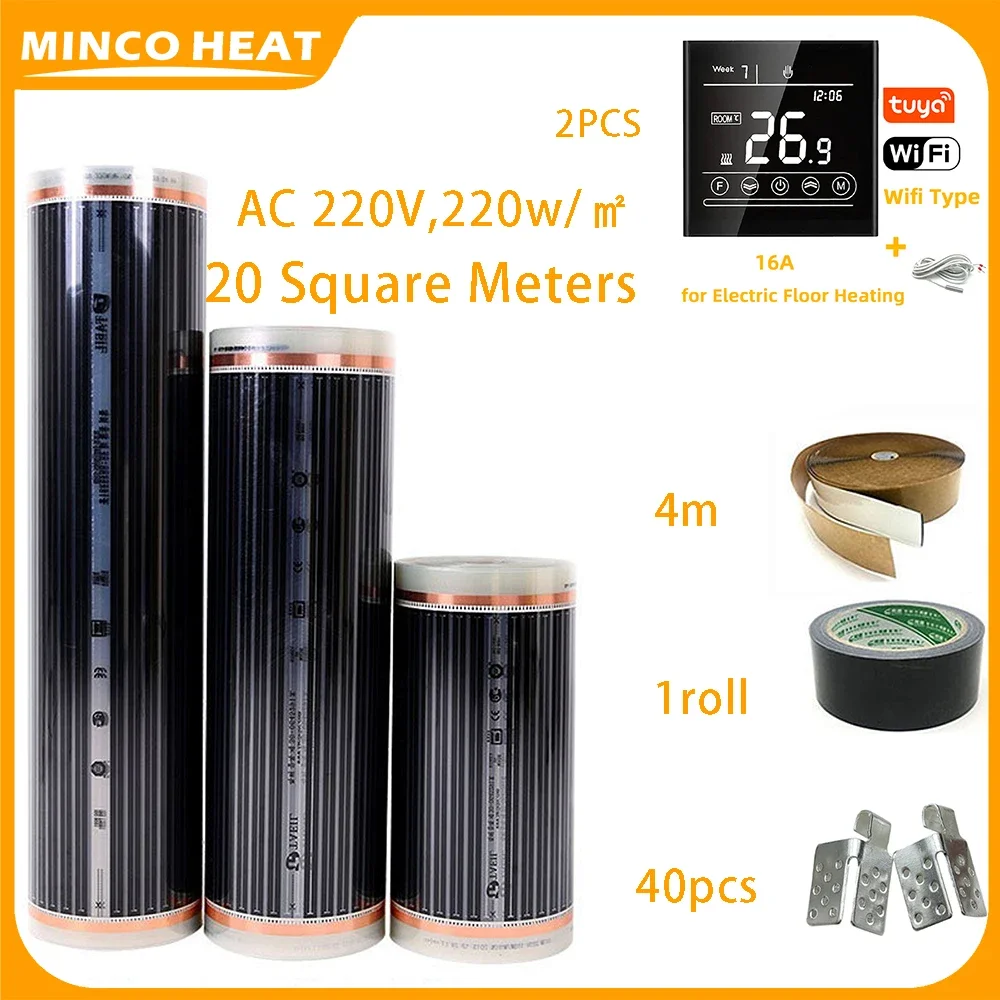 มินโก้ความร้อน AC200~240V 220w/ ㎡   ฟิล์มทําความร้อนขนาด 20 ตร.ม. ชุดแผ่นพื้นอุ่นพร้อมอุปกรณ์เสริมสําหรับระบบทําความร้อนภายในบ้านพร้อมเทอร์โมสตัท 1