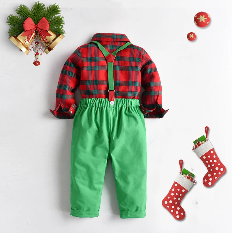 1-6T Boys Fall 2 Pack Outfit Party Clothing Long Sleeve Button Plaid Shirt + Green Bow Tie Bib Suspenders