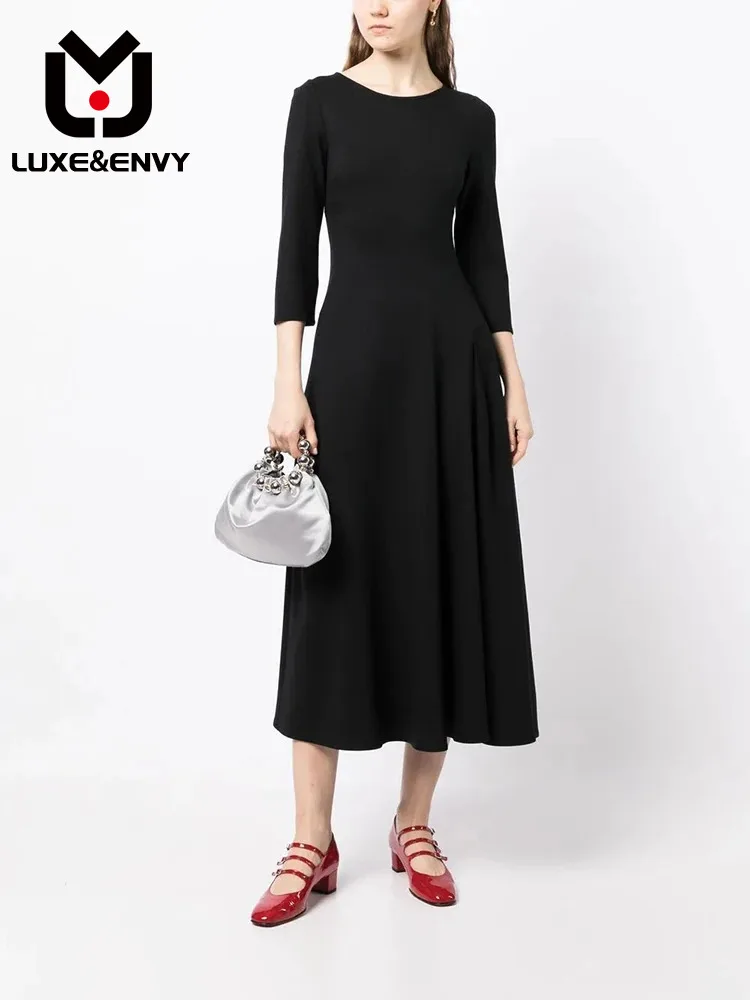 

LUXE&ENVY 2023 Spring And Autumn New Round Neck 7/4 Sleeve Slim Fit A-line Large Swing Women's Knee Length Solid Elegant Dress