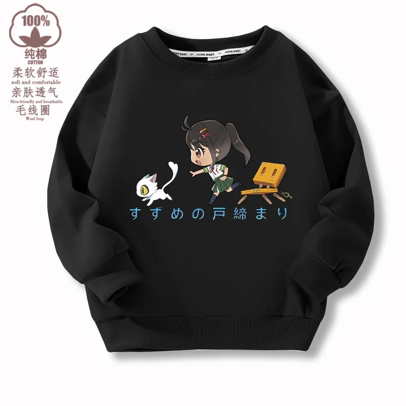 

Anime Cute Girls Hoodie Suzume Cat Printed Children's Round Neck Sweater Spring and Autumn Jacket Kids Clothes