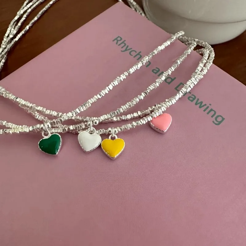 

New Arrival 925 Silver Love Heart Necklace for Women Girl Gift Dropwise Glaze Colour Korean Sweet Beading Jewelry Dropshipping