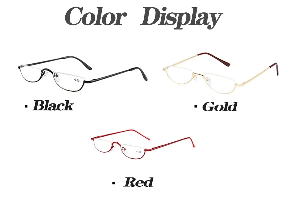 Kleine Größe, halbrunder Rahmen, Presbyopie, modischer Brillenrahmen, Vintage-Lesebrille aus Metall, Dioptrien +1,0 bis +3,5 – Detail 12