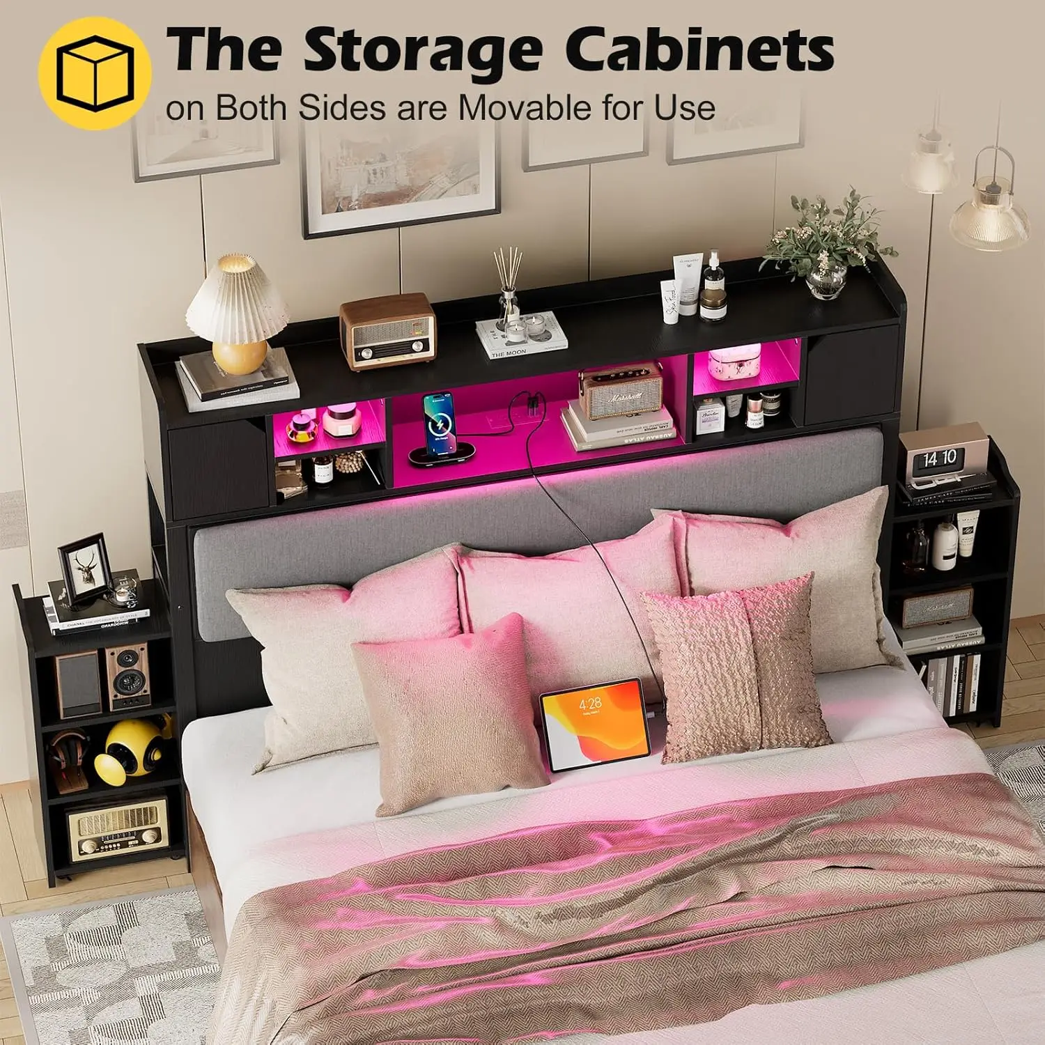 Headboard for Queen Size Bed, Headboards w/ Slide Out Bedside Storage, Queen Headboard Only, Upholstered Wood Bookcase Headboard 6