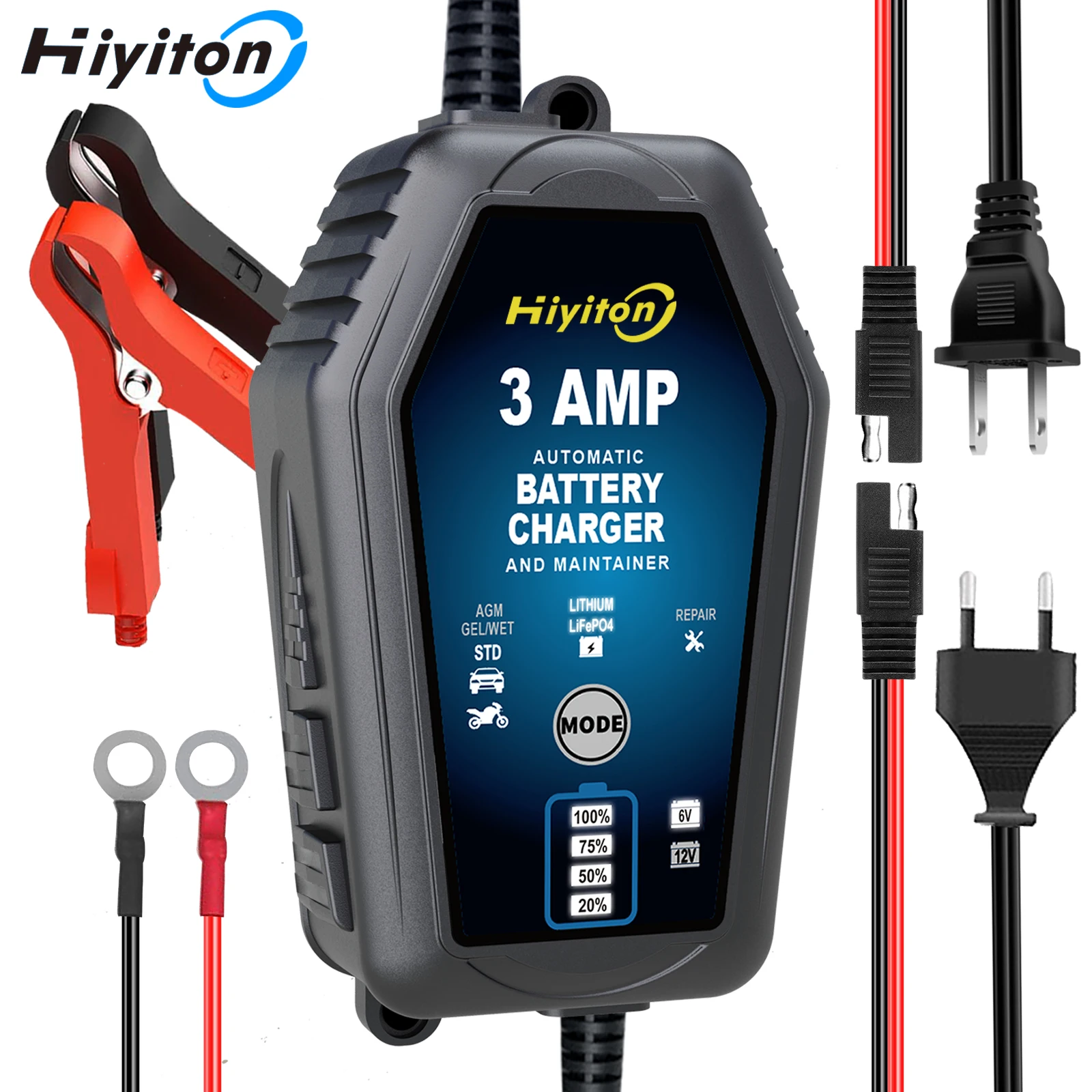 Hiyiton – chargeur de batterie intelligent pour voiture et moto, 6V/12V, 3000mA, pour batterie au Lithium LiFePO4, plomb-acide, réparation, maintien de Charge