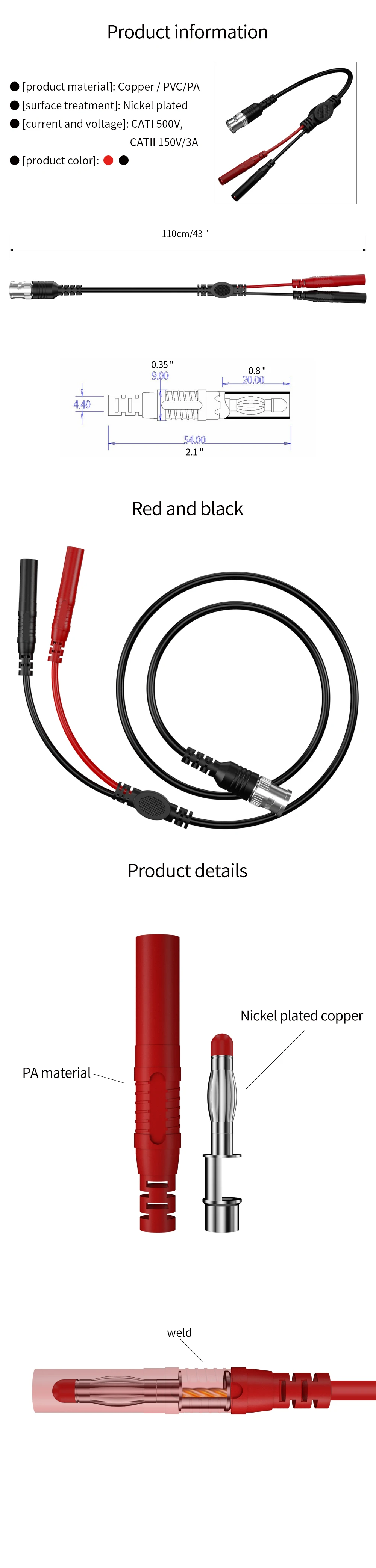 JZDZ 100 cm BNC-Stecker zur Sicherheit, 4 mm Bananenstecker, verlustarmes Koaxialkabel, Messleitung, Anschlüsse, Adapter für Oszilloskop J.70047 – Detail 1