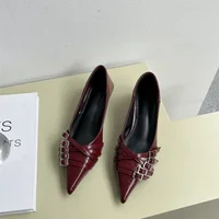 Women Shoes  Fashion Pointed Toe Low Heel Pumps Brand Belt Buckle Shallow Slip on Ballet Elegant Pumps for Party Dress 1