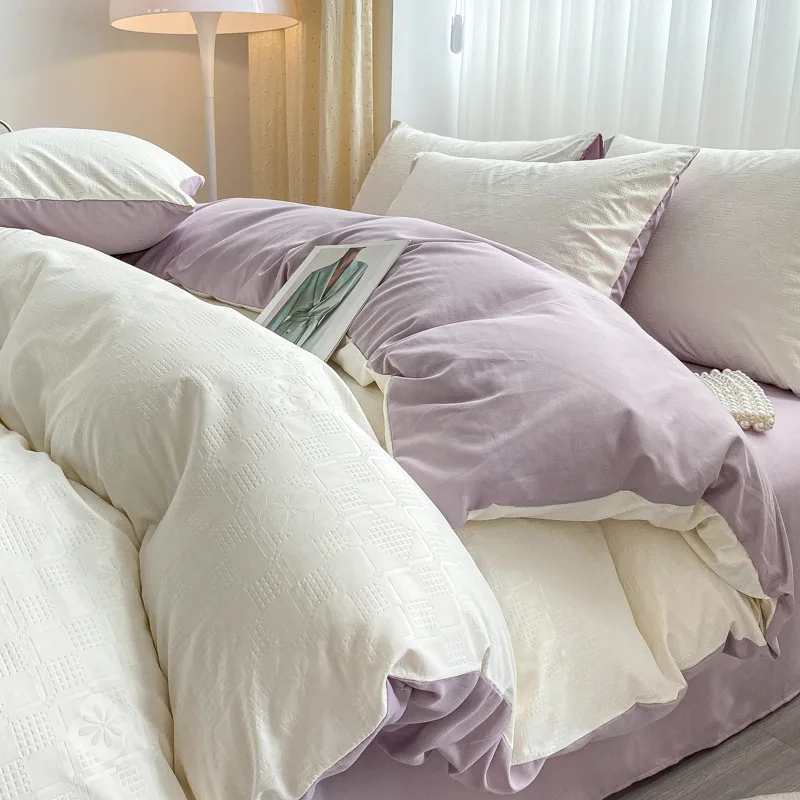 

Simple Waffle Bedding Set Soft Washed Cotton Thickened Duvet Cover with Sheet Pillowcase for Girl Ins Solid Color Bed Linens