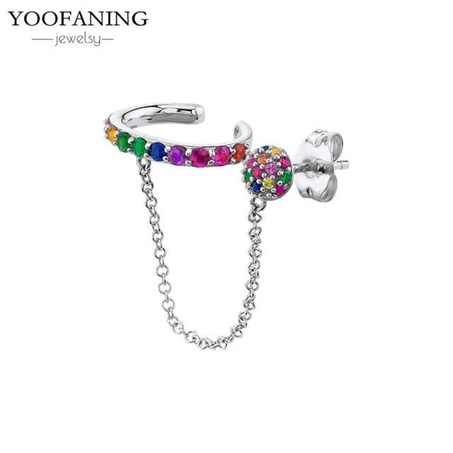 YUXINTOME 1 PC 925 en argent Sterling aiguille d'oreille coloré Zircon chaîne gland boucles d'oreilles pour les femmes deux trous boucle d'oreille bijoux A45