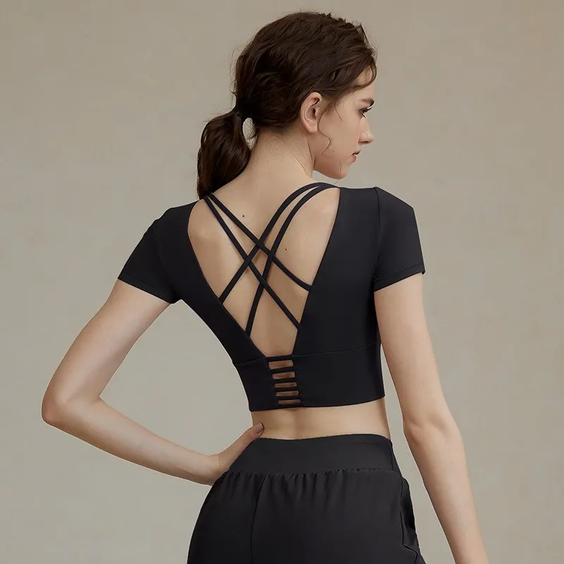 Women Summer Breathable Tee Cross Back Yoga Shirts Nylon Spandex Crop Top Gym Sports Shirt Workout Open Back Top Short Sleeve